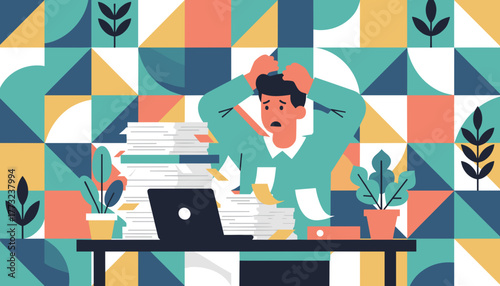 Stressed worker buried in paperwork and demanding workload Professional burnout concept