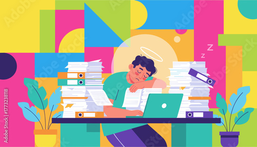 Employee burnout Tired man sleeps on huge stacks of paperwork at his office desk