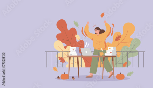 Frustrated woman overwhelmed by office workload and autumn deadlines in a remote work setting