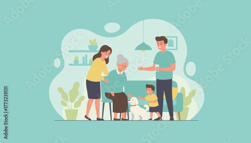 Three generations of family caring for grandma and pet dog at home