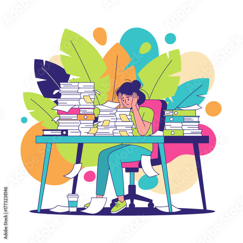 Stressed woman overwhelmed by excessive paperwork and deadlines at the office desk Burnout concept