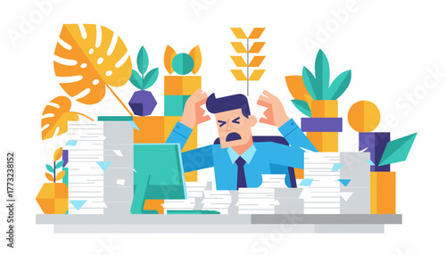 Overwhelmed businessman struggling with huge paperwork stacks Deadline stress and office burnout