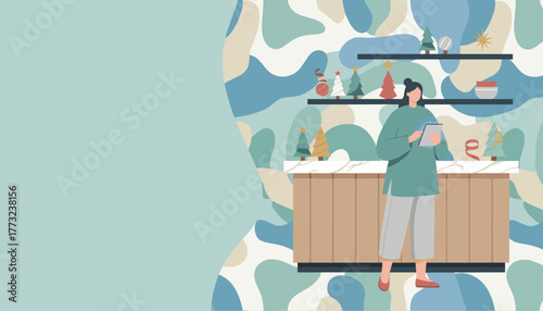 Digital holiday shopping Woman with tablet in a modern interior decorated for Christmas