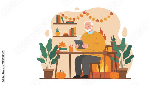 Senior man uses tablet in cozy autumn room with fireplace reading or learning online