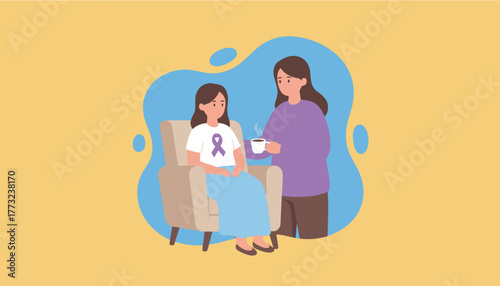 Caregiver offering support to woman with purple awareness ribbon Healthcare chronic illness and empathy concept