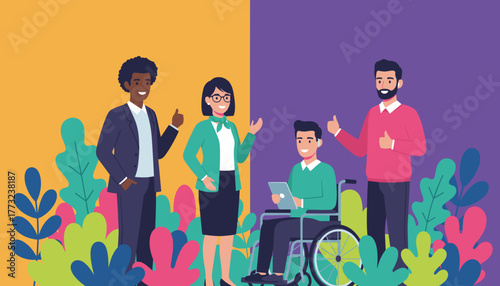 Diverse business team smiling showing inclusion equity and accessibility for disabled workers