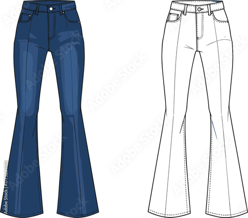 Flared jeans vector front view, women’s high waist denim pants fashion flat sketch, bootcut style with detailed seams and pockets