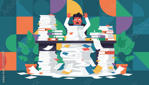 Stressed employee overwhelmed by massive paperwork and binders on a cluttered office desk
