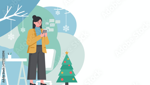 Businesswoman stressed by work email during the Christmas holiday season in a modern office illustration
