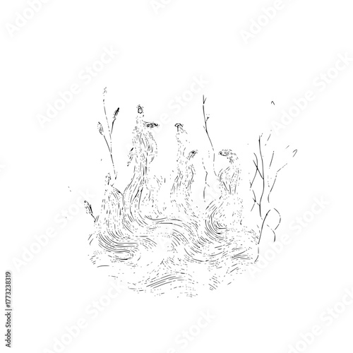 Abstract illustration of figures emerging from swirling lines with sparse vegetation around them