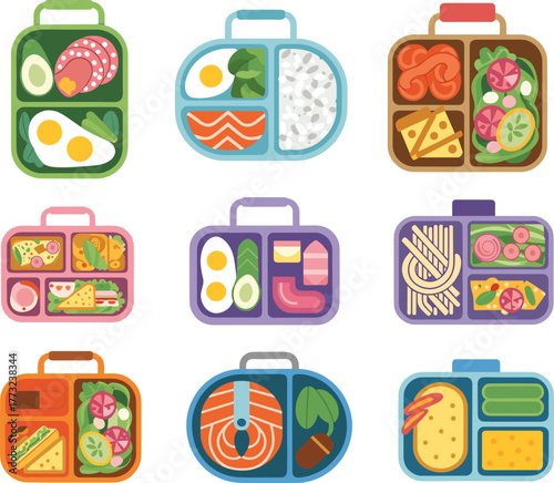 Bento lunch box set, healthy meal variety, colorful food compartments, balanced nutrition, sandwich, rice, vegetables, protein, fruit, vector illustration