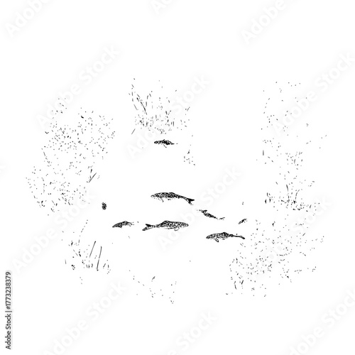A sketch of a school of fish swimming amidst aquatic plants in a monochrome artistic illustration style