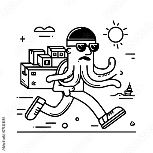 An octopus delivery person running with boxes on the beach with sun and boat in black and white style