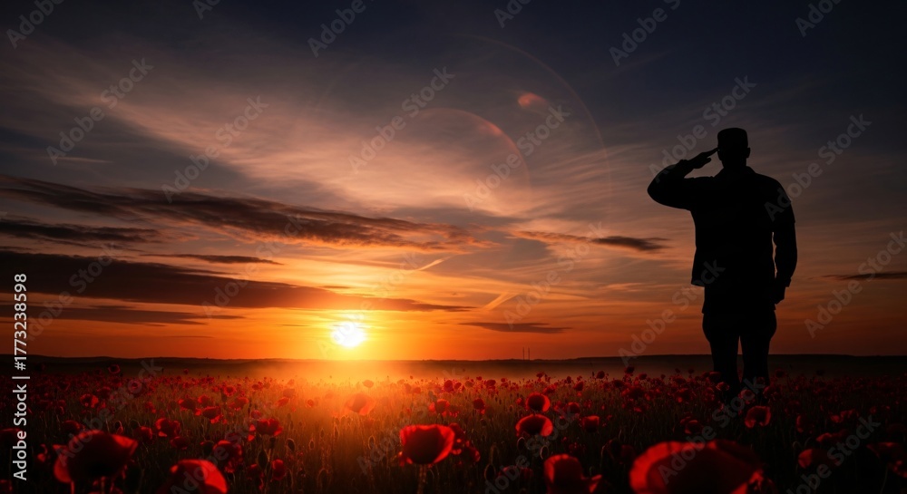 Naklejka premium Veterans Day Sunset Remembrance Honoring American Heroes With Poppy Field Salute Image