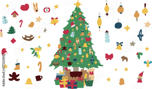 クリスマスツリーのイラスト。12月のツリーとオーナメントのセット。サンタとトナカイの飾り。Christmas tree illustration. Set of December trees and ornaments. Santa and reindeer decorations.