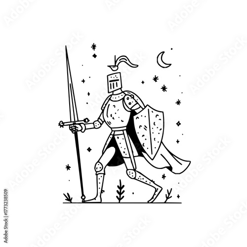 A medieval knight in full armor walking with a sword and shield under a starry moonlit sky scene