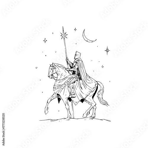 A knight on horseback holding a star tipped lance under a crescent moon and twinkling stars above him