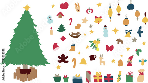 クリスマスツリーのイラスト。12月のツリーとオーナメントのセット。サンタとトナカイの飾り。Christmas tree illustration. Set of December trees and ornaments. Santa and reindeer decorations.