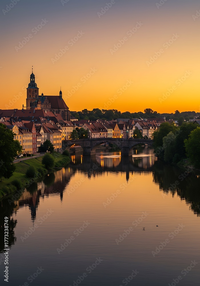 Fototapeta premium Scenic Riverfront Cityscape at Sunset with Golden Hour Glow and Reflections.