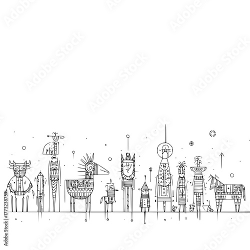 Stylized line art illustration of various figures and animals in a row on a white background space included