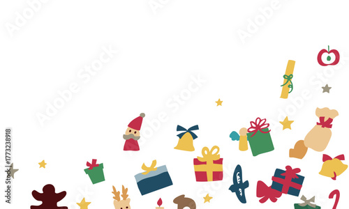 クリスマスツリーのイラスト。12月のツリーとオーナメントのセット。サンタとトナカイの飾り。Christmas tree illustration. Set of December trees and ornaments. Santa and reindeer decorations.