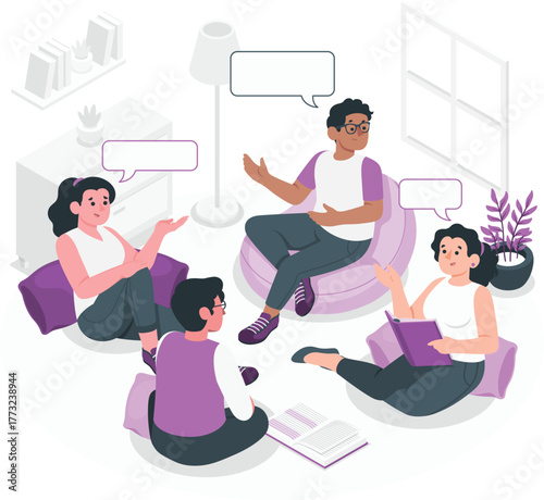 Group of people in a circle discussing with speech bubbles discussion conversation