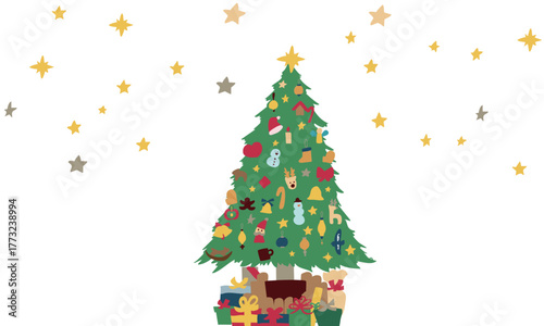 クリスマスツリーのイラスト。12月のツリーとオーナメントのセット。サンタとトナカイの飾り。Christmas tree illustration. Set of December trees and ornaments. Santa and reindeer decorations.