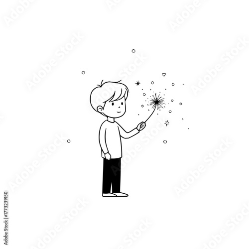 A young boy is holding a sparkler with stars and circles around it on a white background drawing