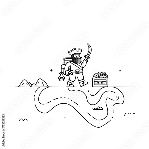 A line art drawing of a pirate with a sword standing next to a treasure chest on a land formation