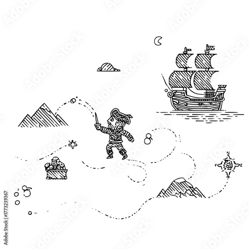 Pirate map illustration featuring a pirate, ship, mountains, and a treasure chest outline drawing style