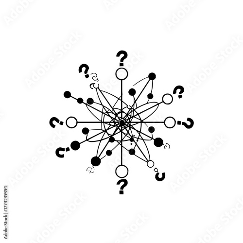 Abstract snowflake with question marks and circles connected by lines in black and white design