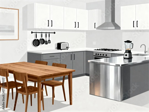 Contemporary kitchen with island, dining table, and modern appliances