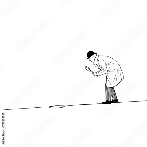 Detective inspecting a manhole cover with a magnifying glass in a minimalist black and white drawing style