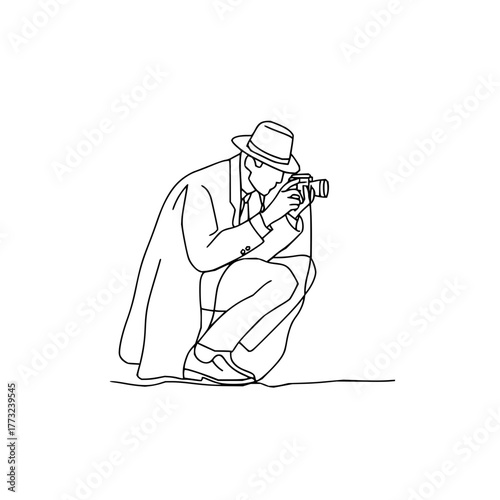 Line art of a crouched photographer in a suit and hat holding a camera taking a picture outside on white
