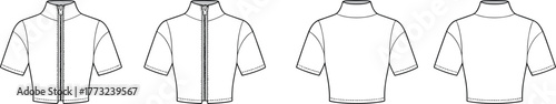 Half sleeve zip-up mock neck crop top technical fashion flat, women’s t-shirt CAD drawing, vector apparel design illustration