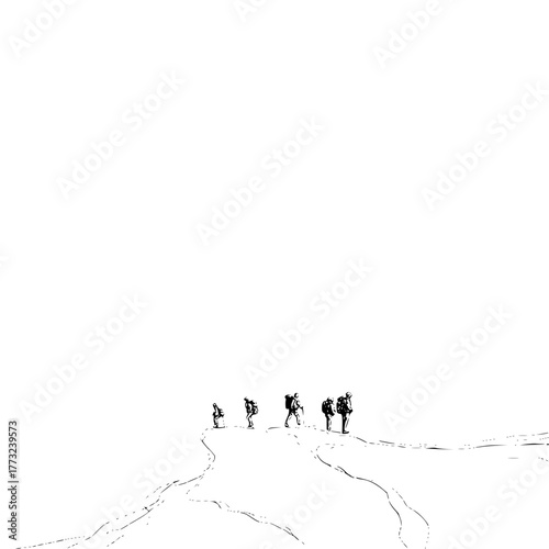 A group of hikers with backpacks walking on a mountain ridge in a minimalist black and white style image