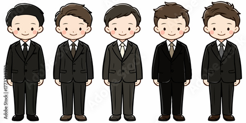 A group of five men in formal suits and ties, depicted in a cute cartoon vector style.
