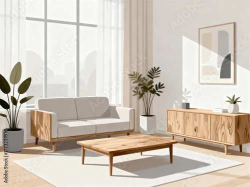 Serene Modern Living Room Elegant Furniture Arrangement with Natural Light and Decor