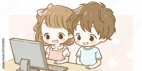 Two cute children happily looking at a computer screen together with smiles and wide eyes.