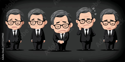 Businessman expresses various emotions of sadness, disappointment, and worry through cartoon illustrations.