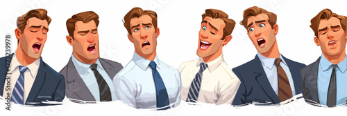 A collection of cartoon man's expressive faces showing various emotions and reactions in a professional setting.