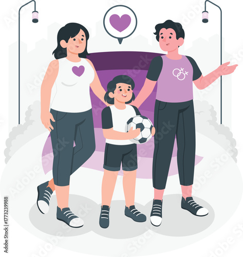 Happy family with a soccer ball and heart symbol, representing love and unity child