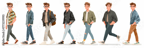 A stylish young man in glasses and casual outfits walks in a sequence, showcasing different fashion styles.