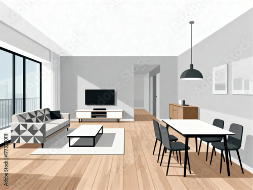 Serene Interior of a Modern Living and Dining Area in Neutral Tones with Natural Light