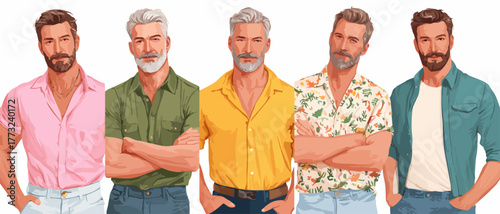 Diverse group of stylish men showcasing casual summer fashion and grooming.