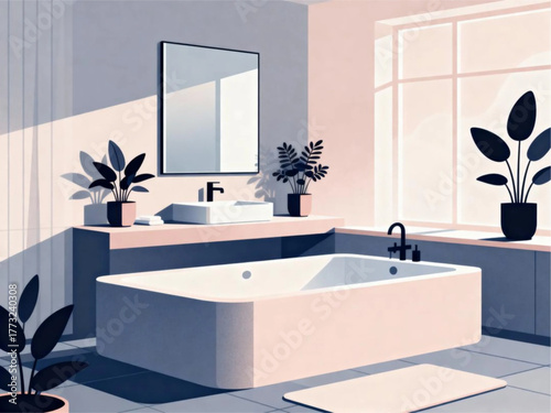 Stylized vector illustration of a tranquil modern bathroom interior with a freestanding tub and indoor plants
