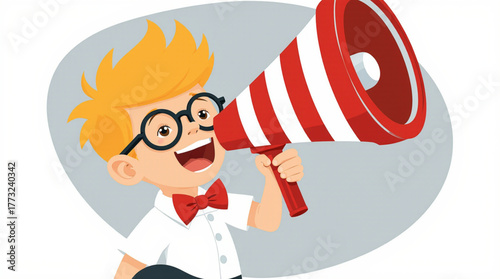 Excited boy with glasses shouting through a megaphone