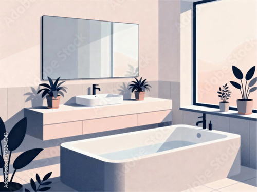 Modern bathroom interior design with bathtub, sink, mirror, plants, and natural light. 36