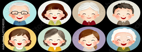 Diverse group of smiling people of different ages and genders in circular portraits