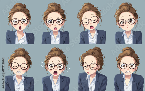 Collection of diverse facial expressions shown by a young woman in business attire, conveying various emotions.